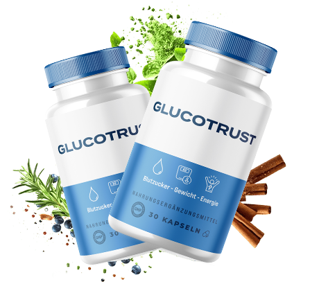 Zwei Dosen GlucoTrust Nahrungsergänzungsmittel mit Zimt, Wacholderbeeren und Kräutern